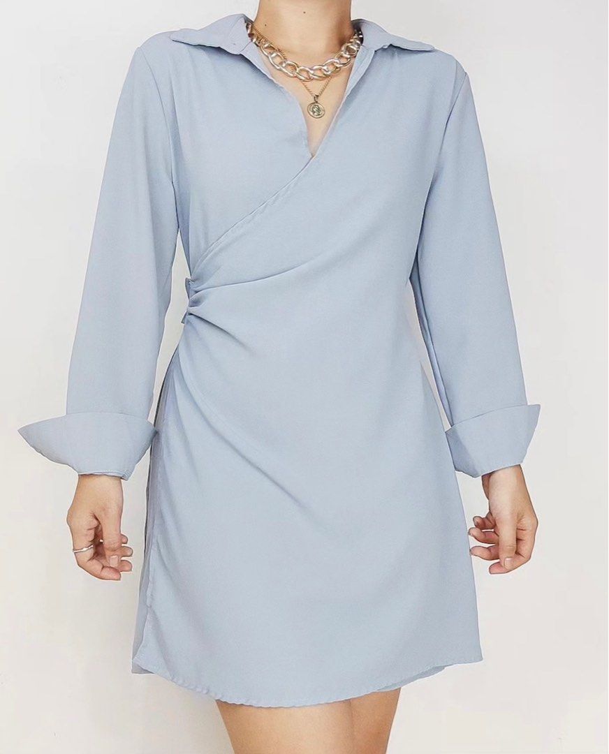 Muted Blue Overlap Long Sleeve Dress (Category: Dresses) located in Taguig. Submitted by samcostes (Listing ID 1278492208, Image 2). Description: Measurement: Bust up to 36" Waist 30" Length 33" Small to Medium.