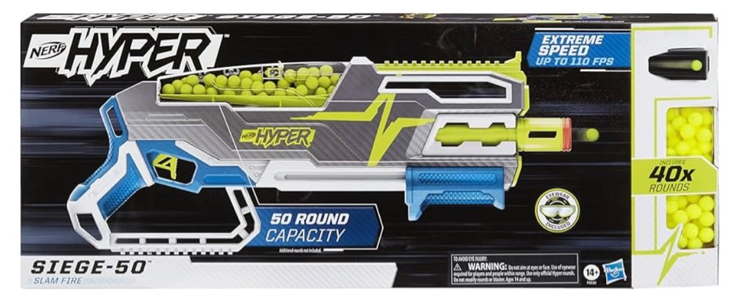 NERF Hyper Siege-50 Pump-Action Blaster, 40 Hyper Rounds, Holds Up to 50  Rounds, Glasses, Up to 110 FPS Velocity, Easy Reload, Toy Foam Blasters