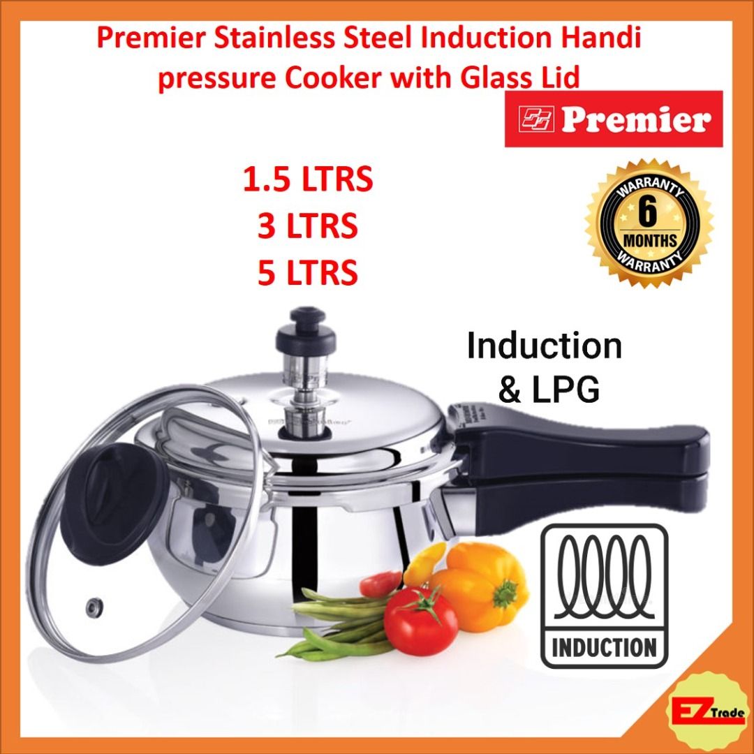 Premier Stainless Steel Induction Bottom Handi Pressure Cooker With Glass Lid 1.5L 3L 5L