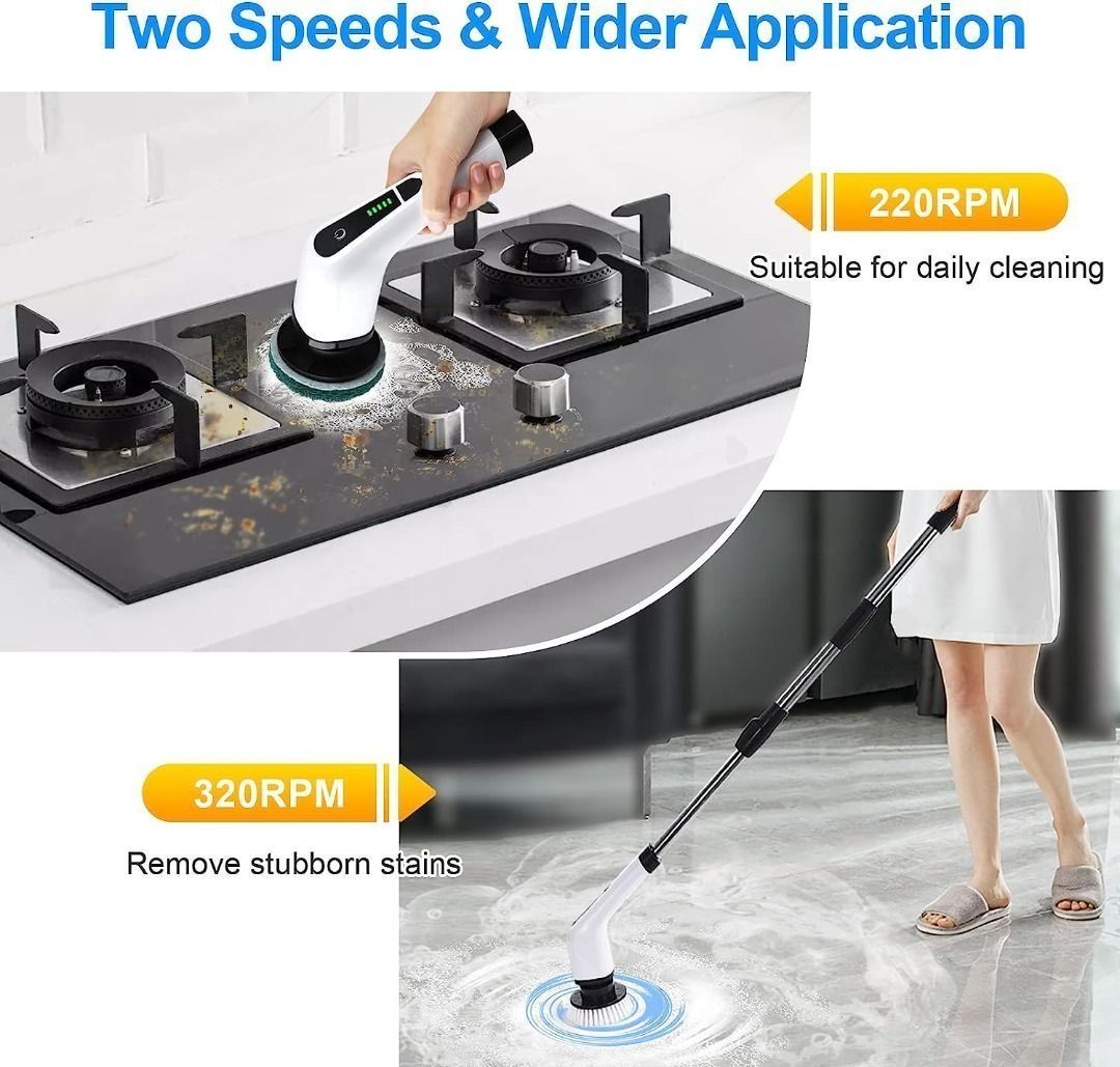 SALE OWZ Electric Spin Scrubber, Electric Scrubber with 7 Replaceable Brush  Heads, 360 Power Scrubber with Adjustable Cordless Handle for Bathroom  Kitchen Car Tub Floor Tile or Window - White, Furniture 