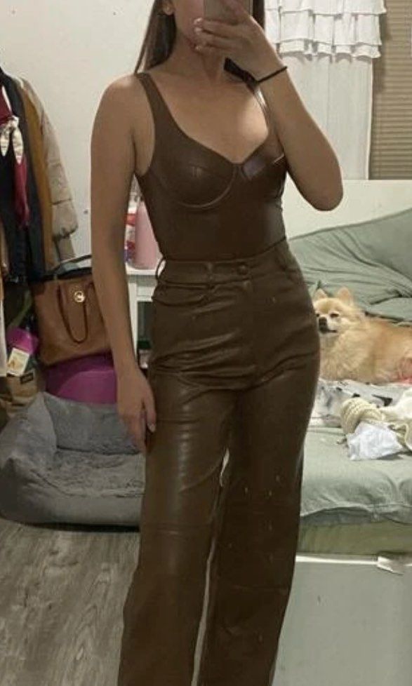 SHEIN BAE Solid PU Leather Bodysuit