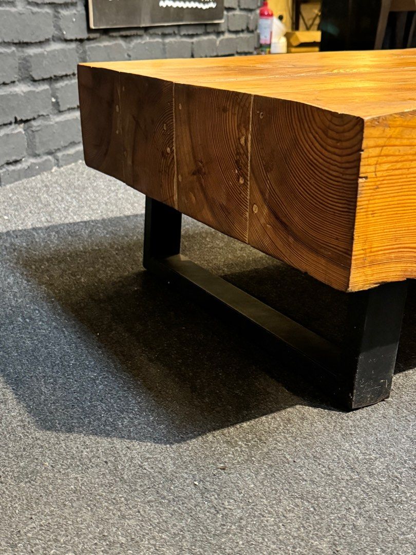Solid Pine Coffee Table (Category: Tables & Sets) located in Kuala Lumpur. Submitted by selfage.store (Listing ID 1278540794, Image 2). Description: Solid pine wood coffee table & steel base in matte black.