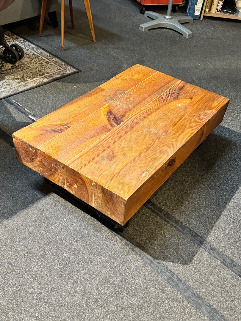 Solid Pine Coffee Table (Category: Tables & Sets) located in Kuala Lumpur. Submitted by selfage.store (Listing ID 1278540794, Image 1). Description: Solid pine wood coffee table & steel base in matte black.