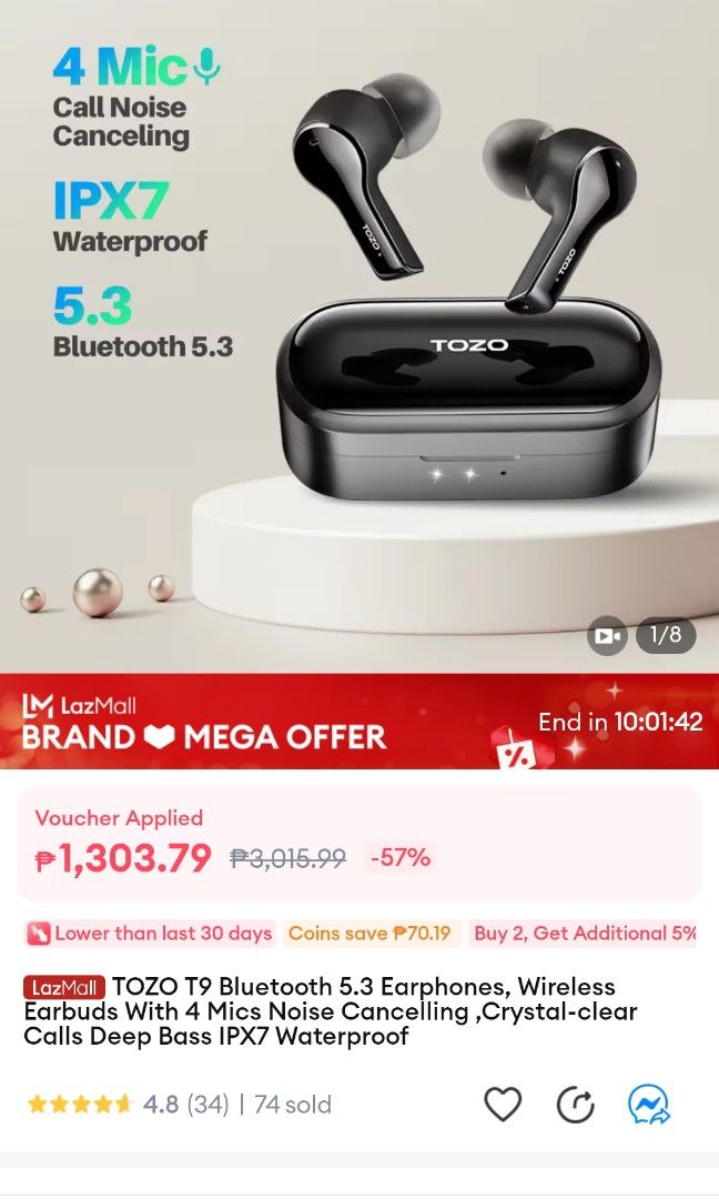 Tozo t9 (Category: Earphones) located in Rodriguez. Submitted by rorince04 (Listing ID 1278455293, Image 1). Description: Issue scratch lng yun lng with charger type c meet up Montalban Rizal or cubao lrt 2.