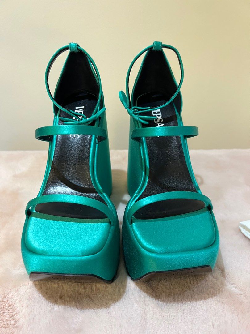Versace Triplatform satin wedge (Category: Wedges) located in Paranaque City. Submitted by justforluxe (Listing ID 1278423930, Image 2). Description: SUPER GOOD DEAL Brand New; Versace runway collection Size US 8.5 Color: Turquoise Includes: box, dustbag Bought for $1425 plus tax (retail).
