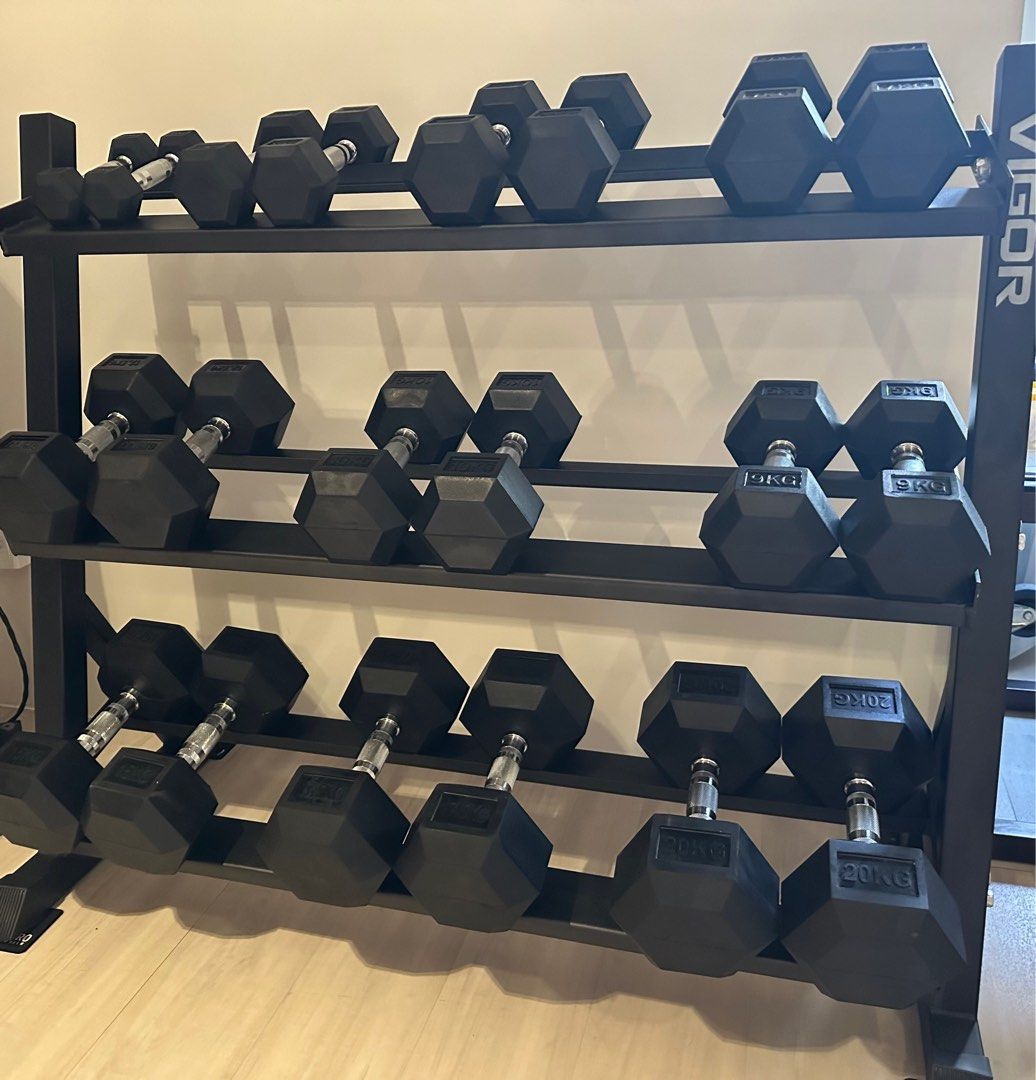 Vigor Hexagon Dumbbell Weight Set + Rack 1-20kg (10 pairs, 20 Dumbbells), Sports  Equipment, Exercise & Fitness, Weights & Dumbbells on Carousell