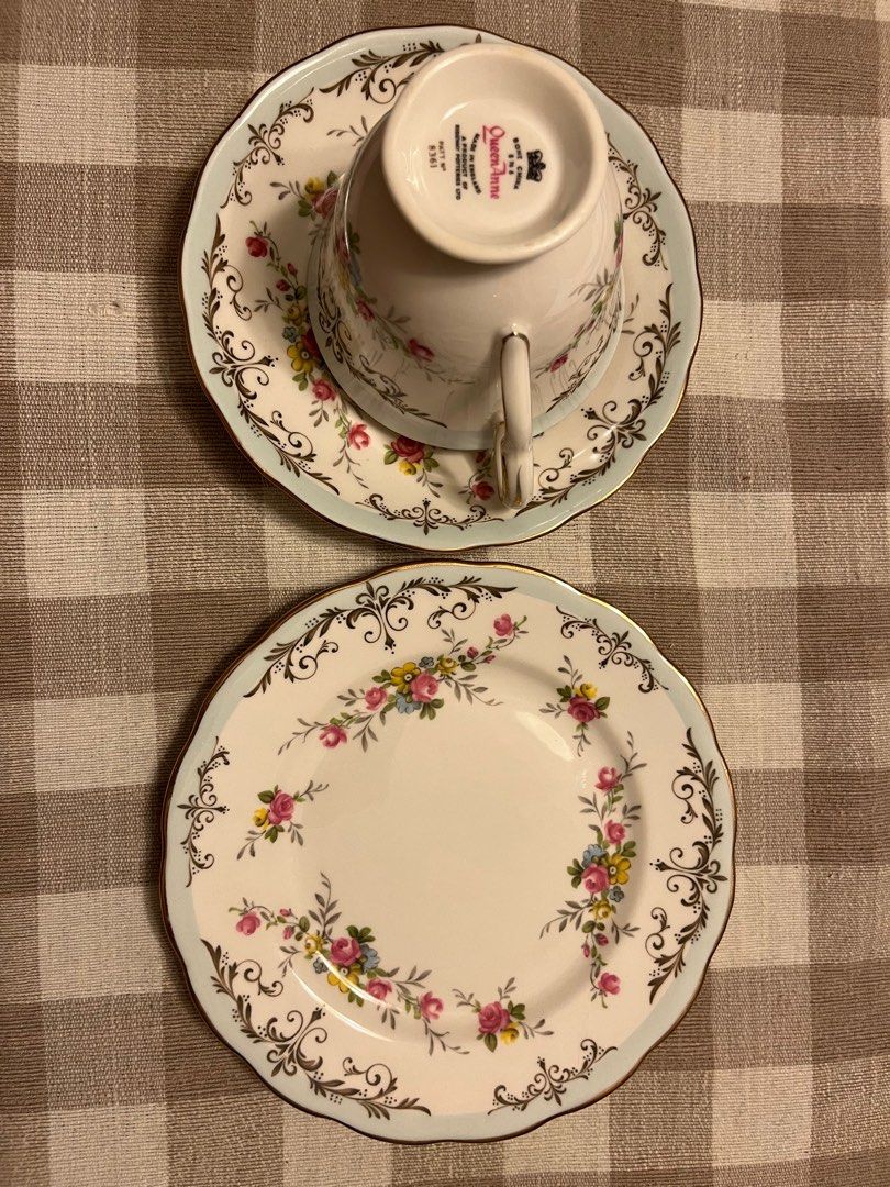 Vintage Queen Anne tea cup and cake plate set, Furniture & Home Living