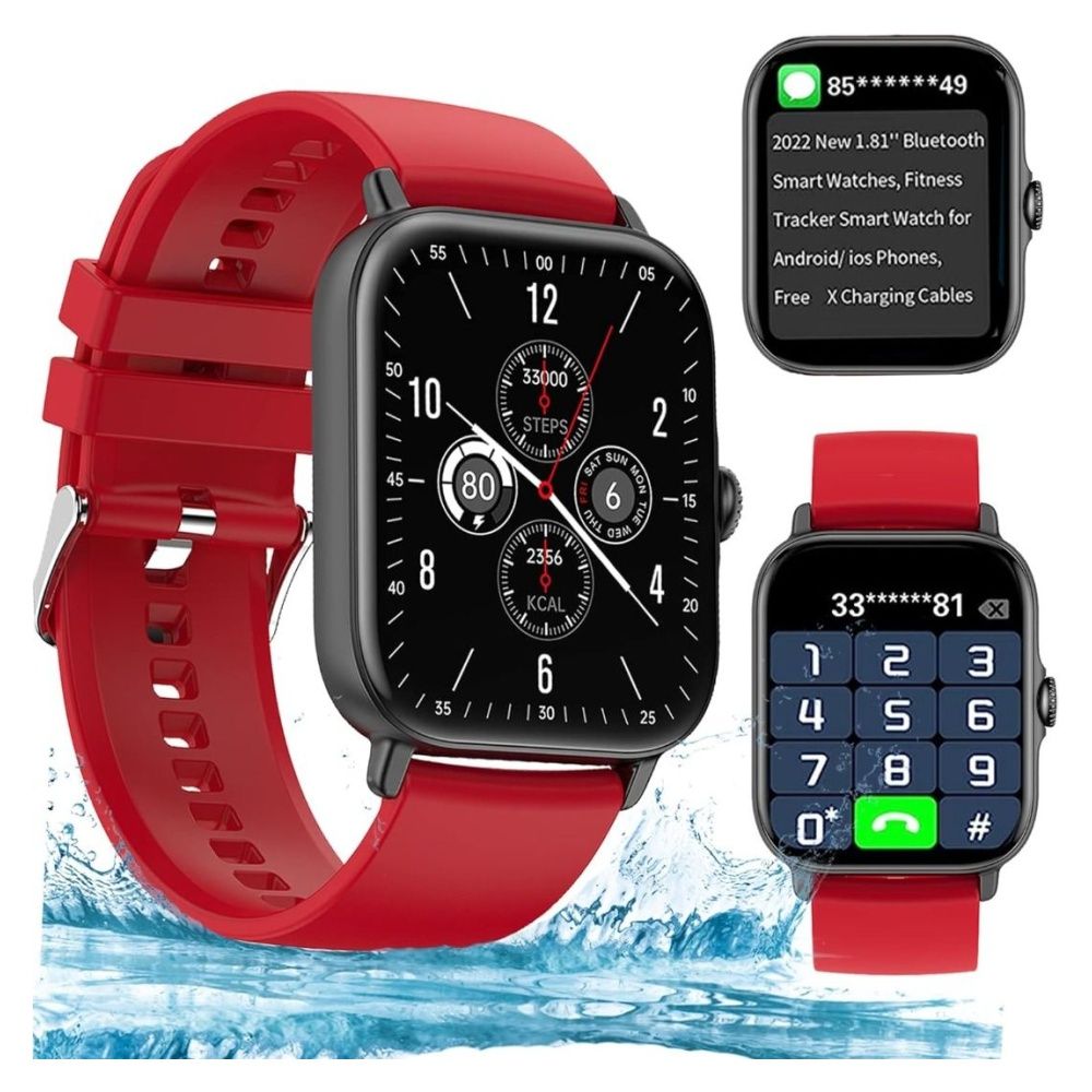 Activity Trackers for Men Women Fitness Smart Watch 1.81 in HD Touch Screen Heart Rate Monitor Waterproof Call Smartwatch Tracker with Sleep Monitor Multi Sports Modes Message Reminder Red Mobile Phon...
