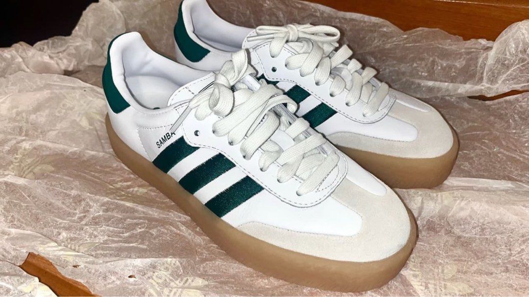 Adidas original Samba W 刺繡款白綠, 她的時尚, 鞋, 厚底鞋在旋轉拍賣