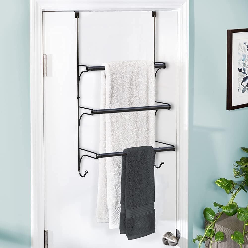 Auledio Adjustable Over The Door Triple Towel Rack with Hooks Black Black Furniture Home Living Kitchenware Tableware Towels Napkins Holders on Carousell