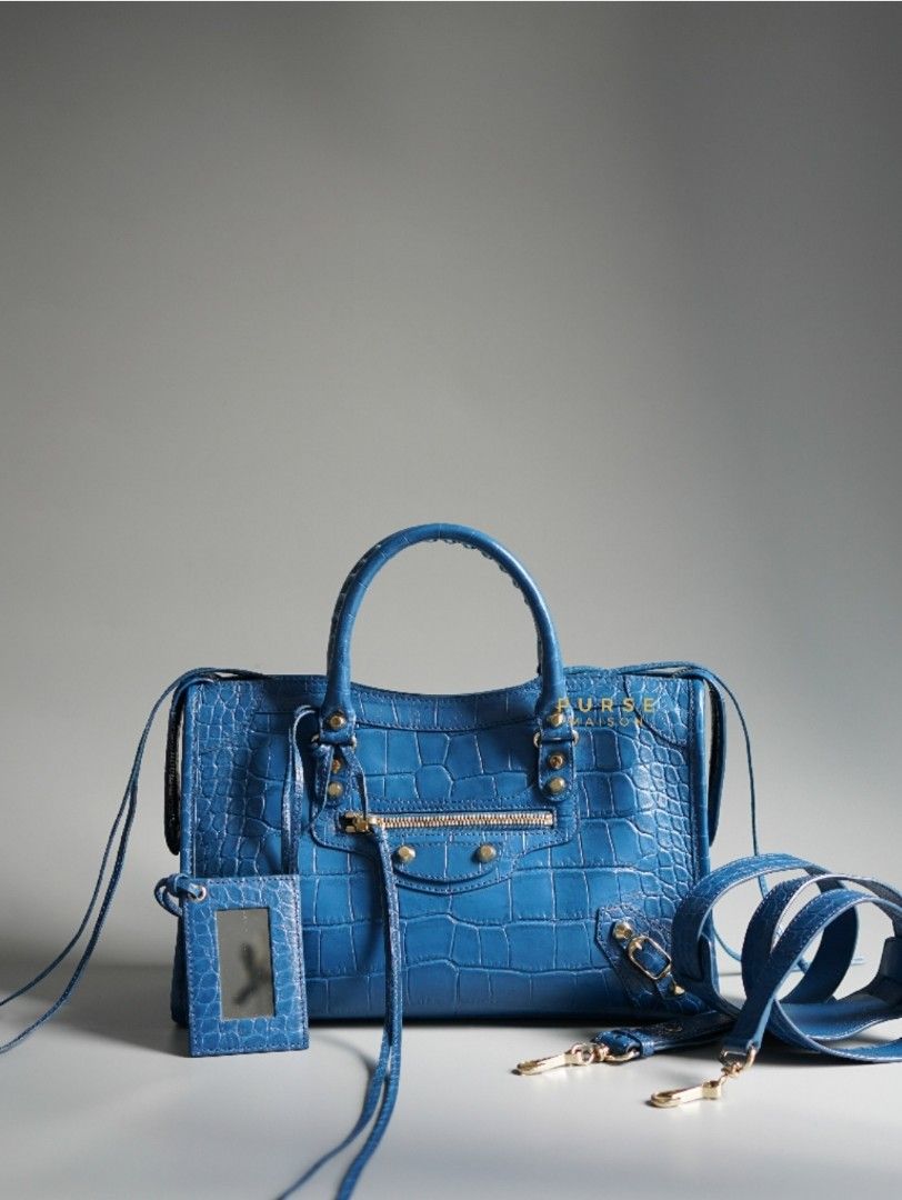 Balenciaga Blue Croc Embossed Leather Small City Metallic Edge Bag Luxury Bags Wallets on Carousell