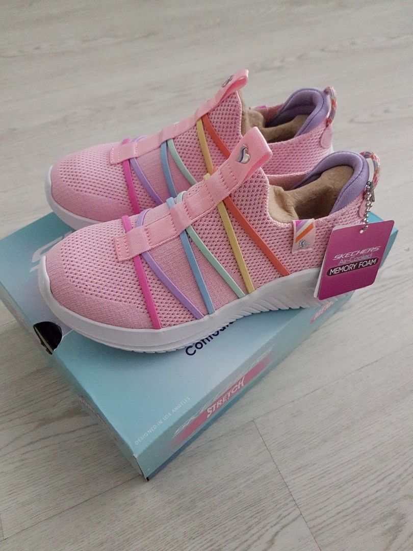 Brand New Skechers Kids Girls Pink Multi Rainbow Ultra Flex