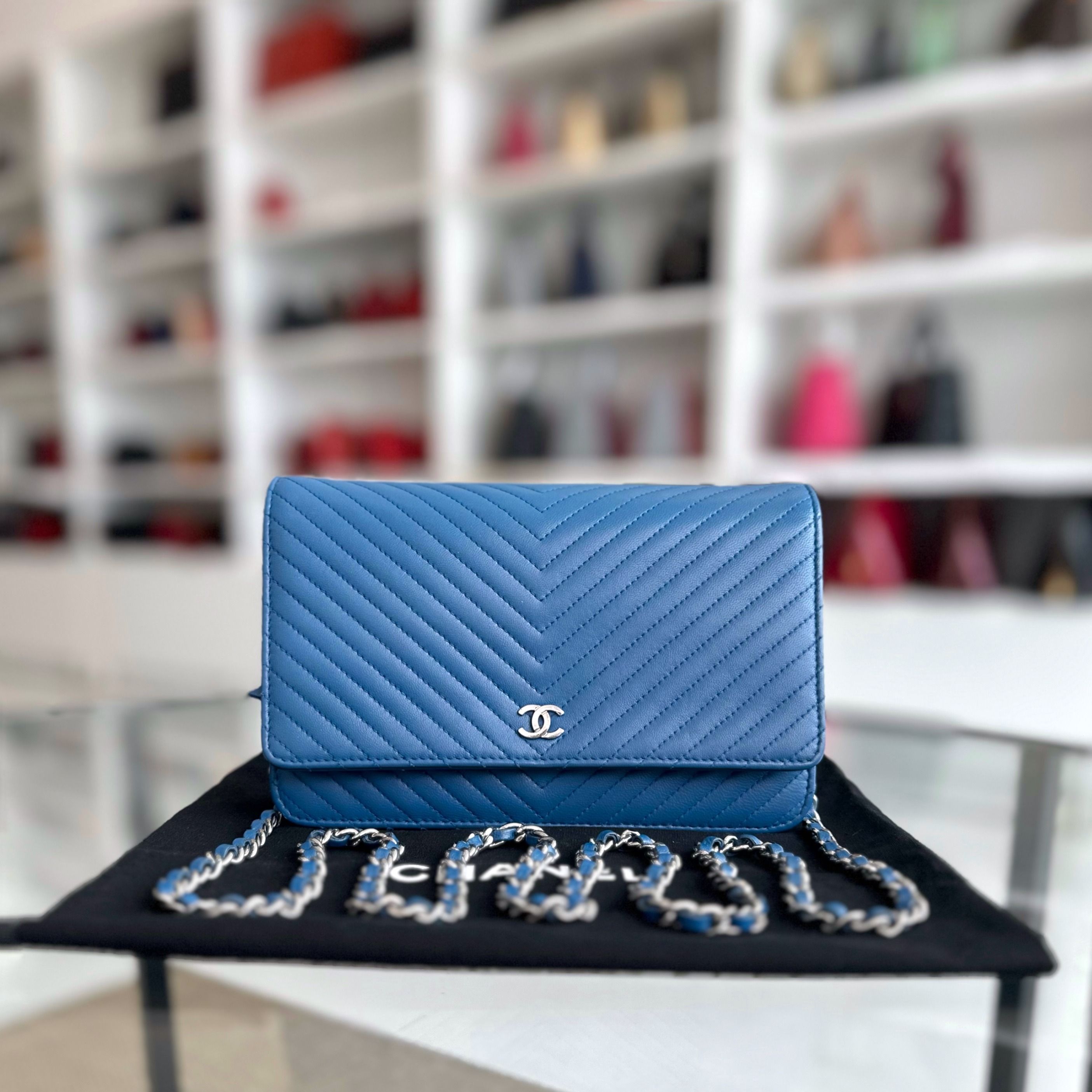 Chanel WOC Wallet On Chain Lambskin Chevron Blue SHW NO 22