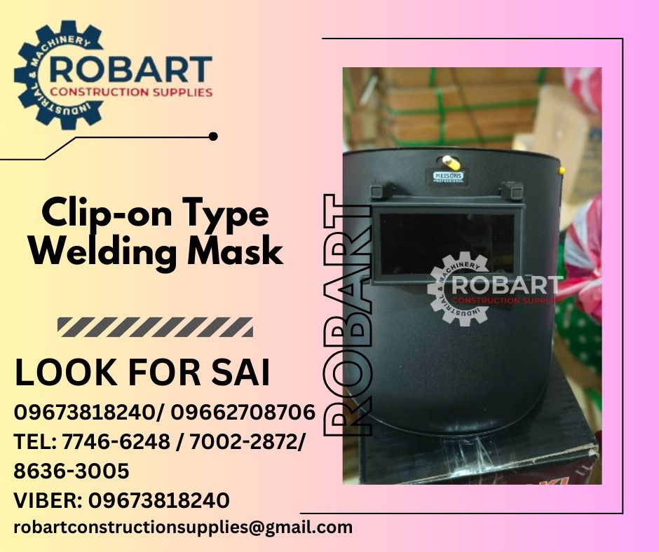 Clip-On Type Welding Mask (Category: Construction Tools & Equipment) located in Manila. Submitted by sairobart375609 (Listing ID 1278751616, Image 1). Description: Clip-On Type Welding Mask ROBART CONSTRUCTION SUPPLIES For inquiries: For FAST TRANSACTION: Sai Robart - 09673818240 / 09662708706 Vbr: Robart Sai - 09673818240 sairobart3@gmail. com Office Address: 1405 Yuseco St. Sta. Cruz Manila 7746-6248 , 7216-7605 ,7002-2872, 8-6363005 0935142704