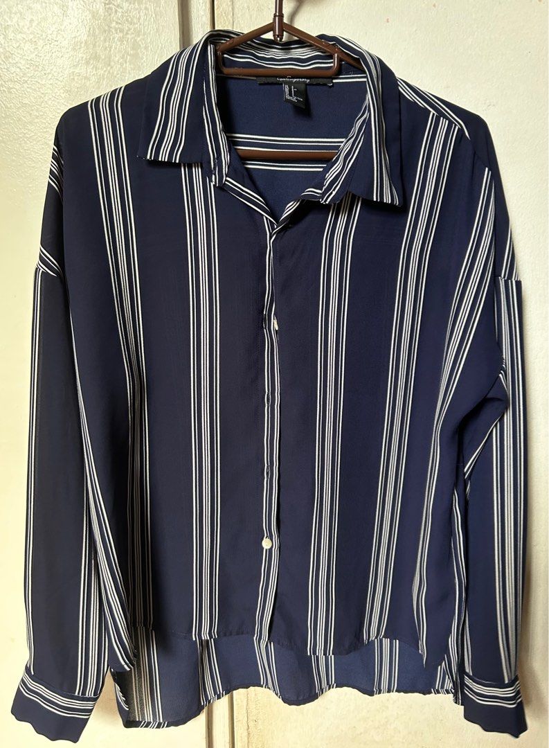 Forever 21 Comtemporary Long Sleeves - Striped Blue Size S (Category: Longsleeves) located in Manila. Submitted by _jdcloset (Listing ID 1278721499, Image 1). Description: 100% polyester 80% See- Thru.