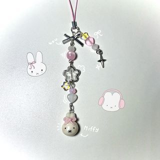 Miffy with Pink Bow Ribbon Coquette Dainty Pink Beaded Wire Phone Charm Keychain