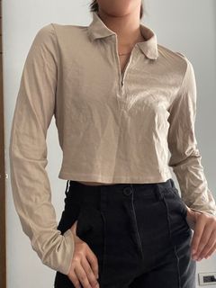 Monkl brown cropped long sleeves half zip collared top