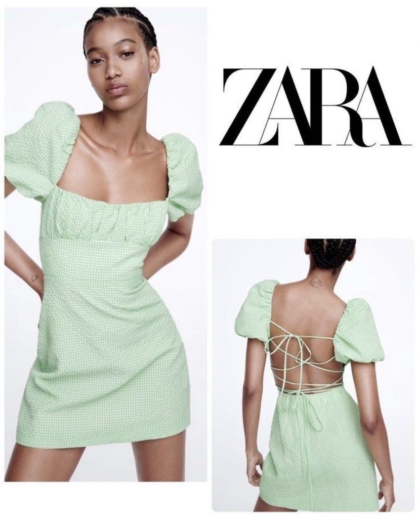 Original ZARA puffsleeve open back dress green color of the year ,  Women's Fashion, Dresses & Sets, Dresses on Carousell