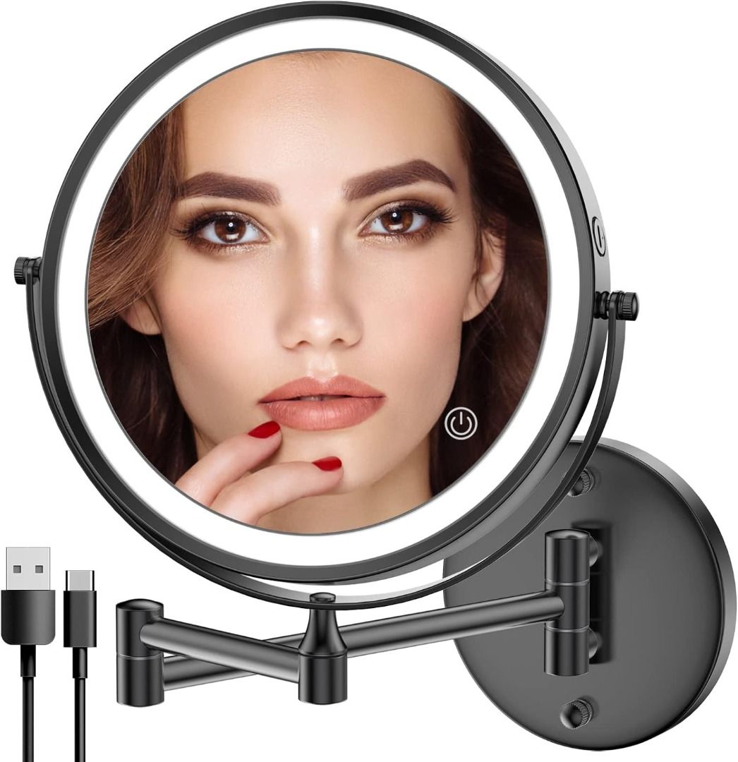 Rechargeable Wall Mounted Makeup Mirror 1X/10X Magnification Premium  Black,8 Inch Double-Sided LED Vanity Mirror,3 Color Lights Touch Screen  Dimmable 360°Swivel 13 Inch Extendable Lighted Mirror APJT0632, Furniture &  Home Living, Home Decor