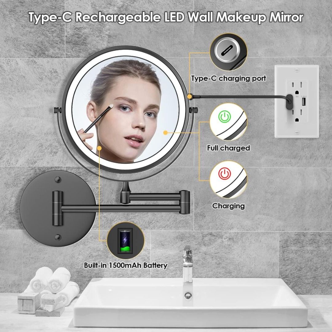 Rechargeable Wall Mounted Makeup Mirror 1X/10X Magnification Premium  Black,8 Inch Double-Sided LED Vanity Mirror,3 Color Lights Touch Screen  Dimmable 360°Swivel 13 Inch Extendable Lighted Mirror APJT0632, Furniture &  Home Living, Home Decor