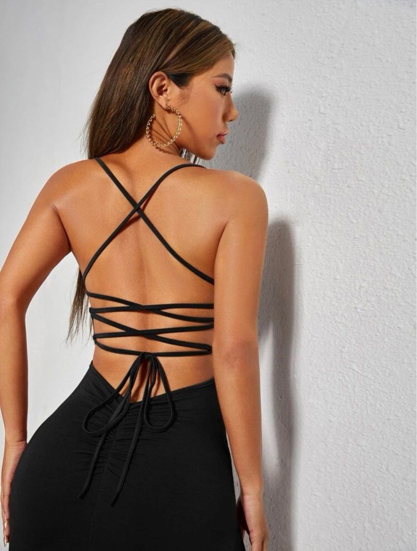 SHEIN PETITE Lace Up Backless Split Thigh Cami Black Bodycon Dress