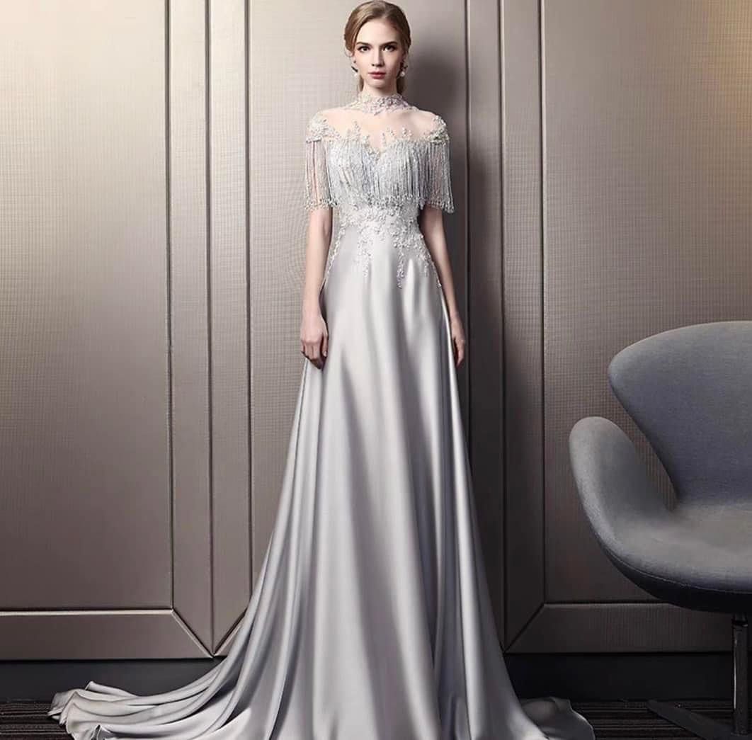 White and silver evening gowns store