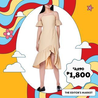 The Editor’s Market | Sand Light Cream Ruffled Sleeveless Elegant Spring Summer Semi Formal Dress Wrenn Cold-Shoulder Dress Fits XS