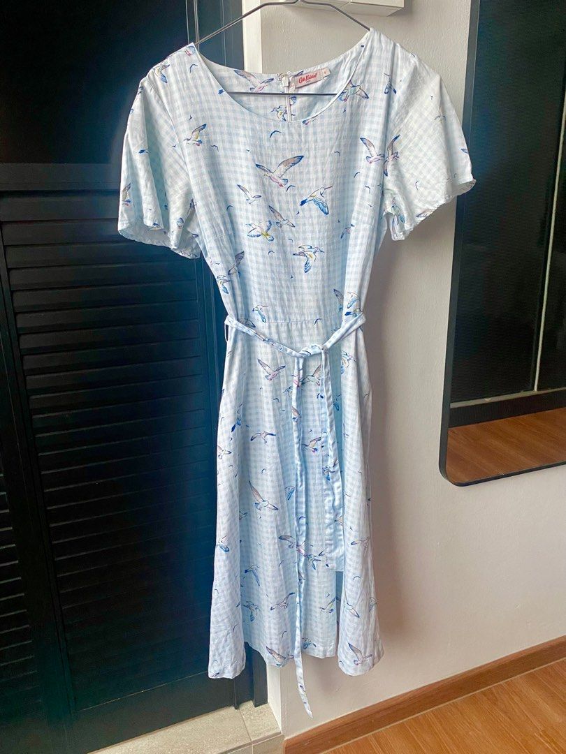 UK8 CATH KIDSTON seagull bird gingham check blue midi short sleeve fit and flare A line waist tie dress 100 pure cotton