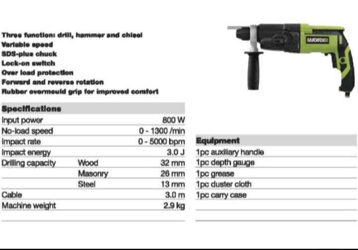 Worx WU340D.1 Rotary Hammer Drill, Hobbies & Toys, Stationery & Craft
