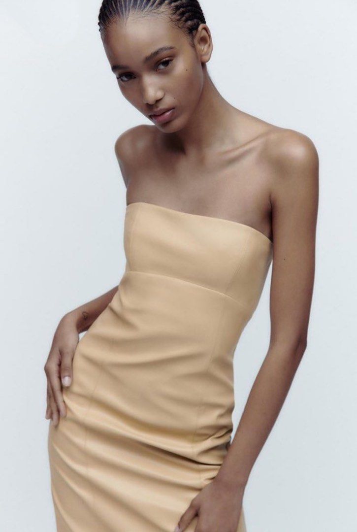 ZARA Strapless Faux Leather Dress (Cream), Women's Fashion, Dresses & Sets,  Dresses on Carousell