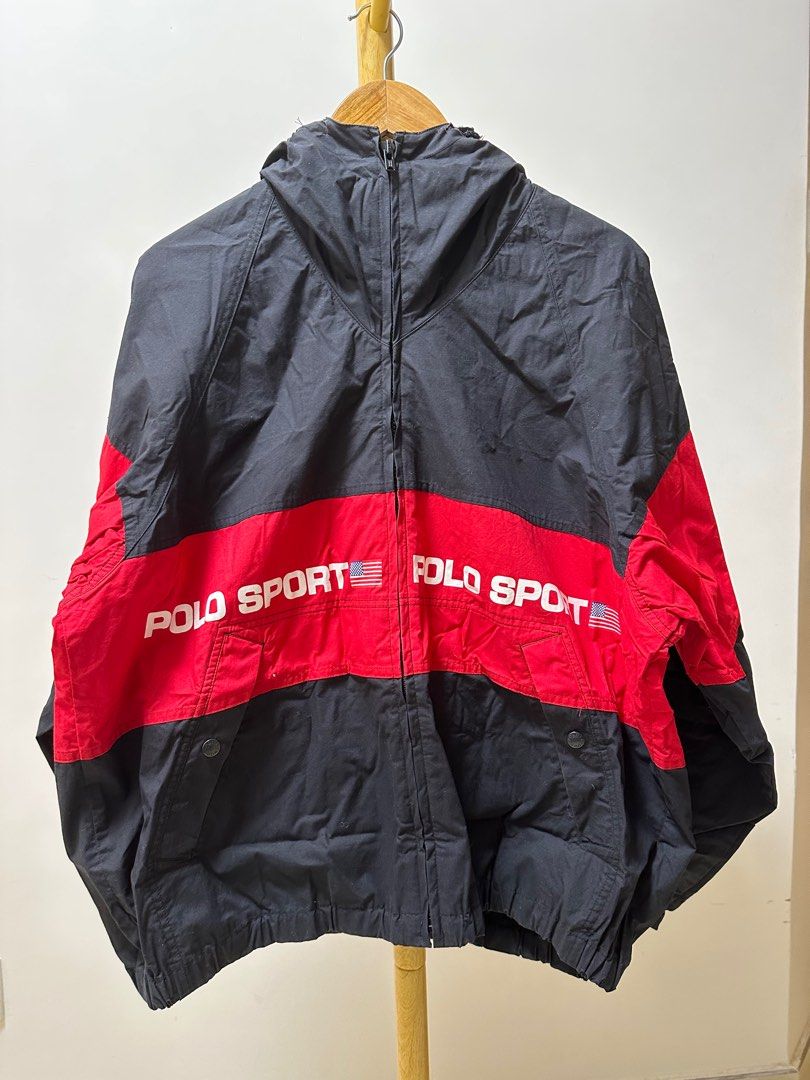復古運動外套Vintage 90s Polo Sport Ralph Lauren Spell Out Black / Red Jacket (Size  M), 名牌, 服裝- Carousell