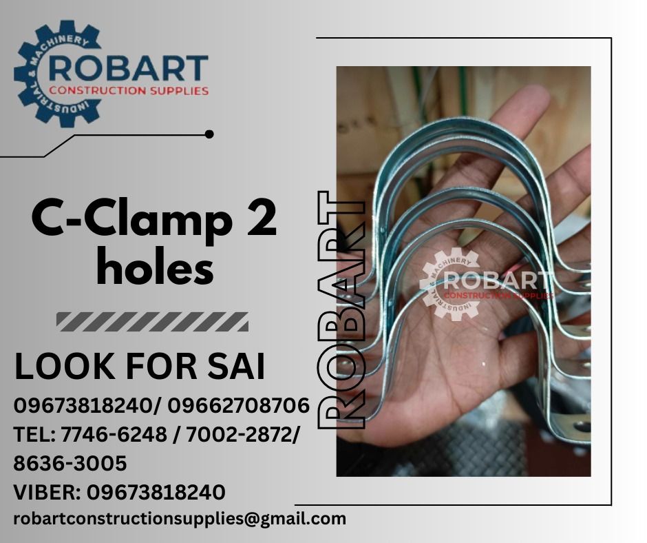 C-Clamp 2 holes (Category: Construction Tools & Equipment) located in Manila. Submitted by sairobart375609 (Listing ID 1279014637, Image 1). Description: C-Clamp 2 holes ROBART CONSTRUCTION SUPPLIES For inquiries: For FAST TRANSACTION: Sai Robart - 09673818240 / 09662708706 Vbr: Robart Sai - 09673818240 sairobart3@gmail. com Office Address: 1405 Yuseco St. Sta. Cruz Manila 7746-6248 , 7216-7605 ,7002-2872, 8-6363005 09351427044 09603947805 robart