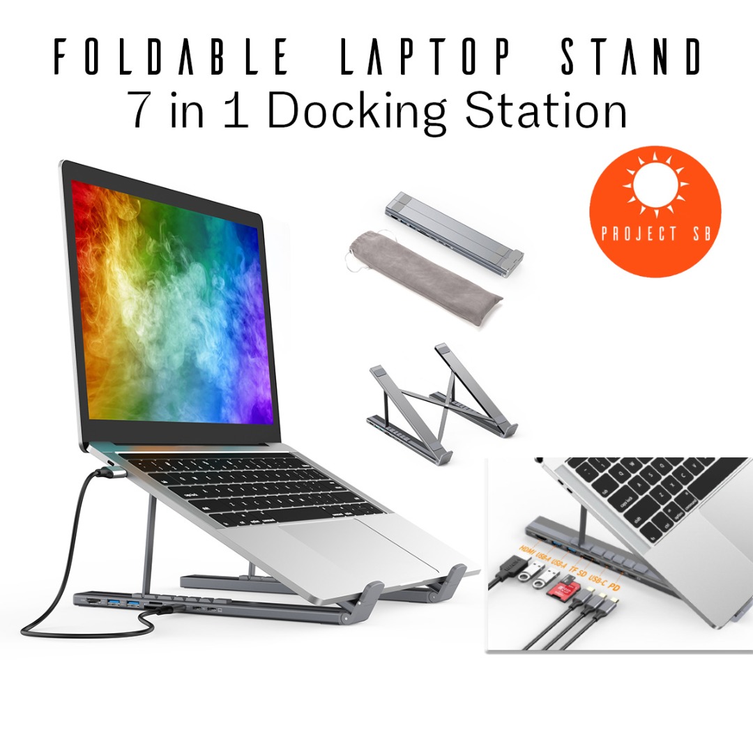 Foldable Aluminium Laptop stand Hub USB C 3.0 7 in 1 Docking Station 4K