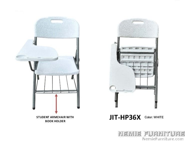 JIT HP36X student chair / folding chair (Category: Chairs) located in Quezon City. Submitted by nemiefurniture (Listing ID 1278986738, Image 1). Description: folding chair with table and book holder with cup holder and cellphone stand 31.89"L x 20.87"W x 34.25"H 810L x 530W x 870H mm color: white https://nemiefurniture.com prices negotiable .