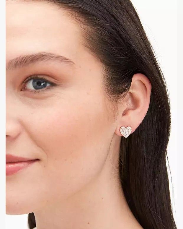 Kate Spade Yours Truly Pave Heart Studs (Category: Earrings) located in Quezon City. Submitted by tpanda17 (Listing ID 1279011307, Image 2). Description: brand new rose gold plated metal cubic zirconia weight: 1.8g disk clutch closure length/inner circumference: 0.4" width: 0.42".
