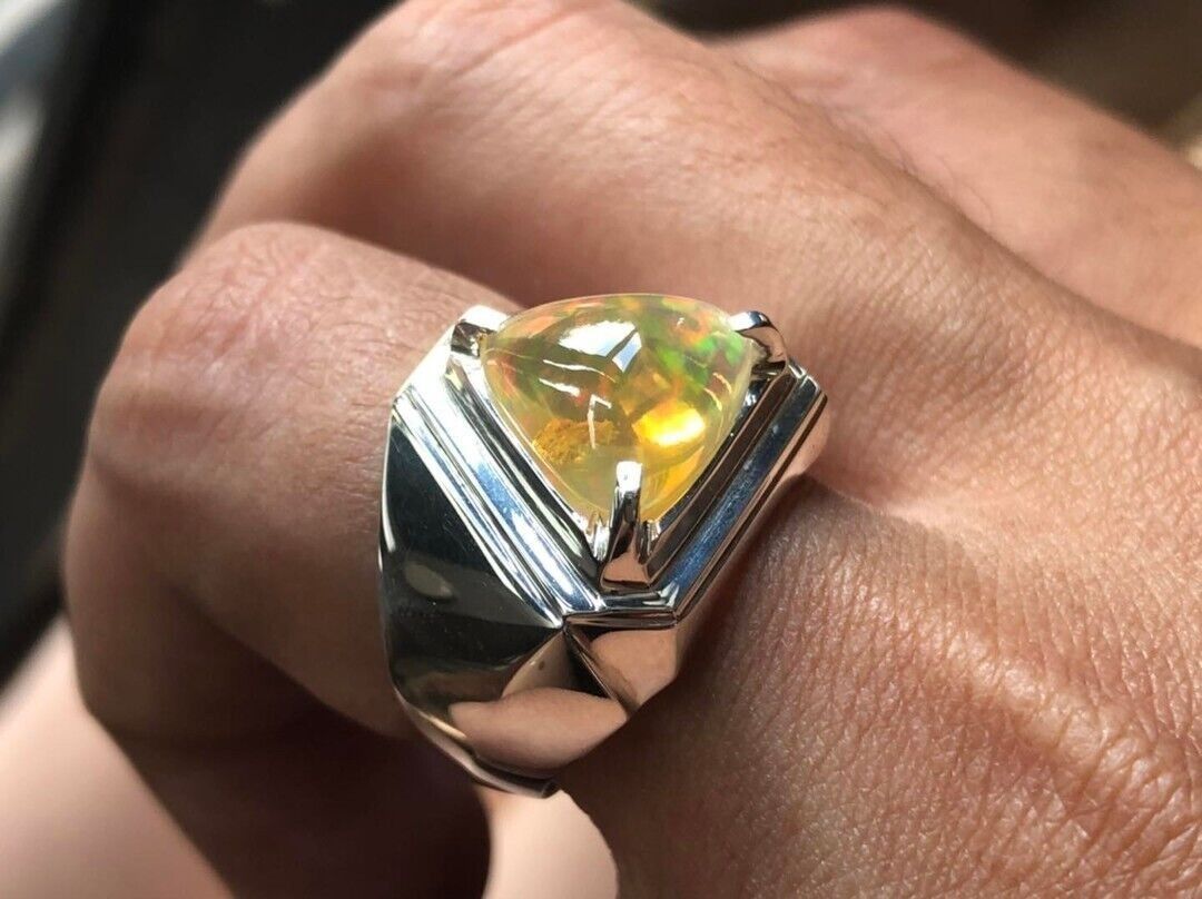 UNuSUAL Men s Classic Trillion Opal Ring. 925 w Rhodium Plated