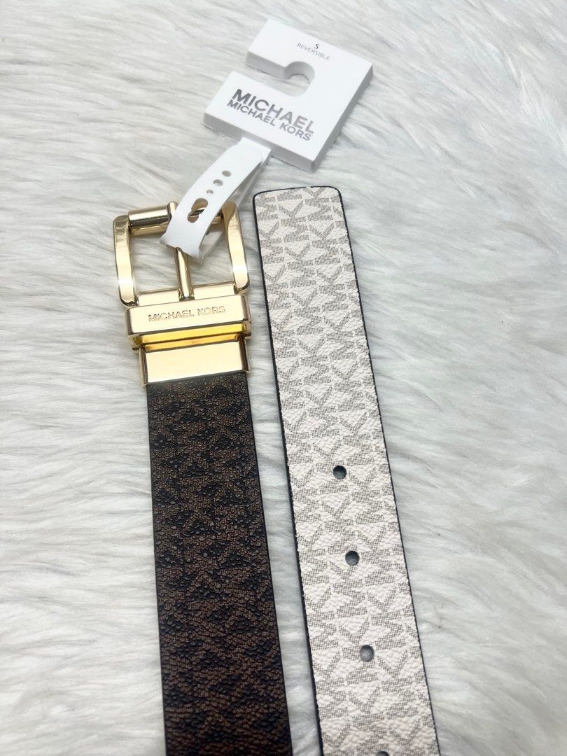 Michael Kors MK Women s Reversible Brown Vanilla Monogram Gold tone Buckle Belt Size Small Women s Fashion Watches Accessories Belts on Carousell
