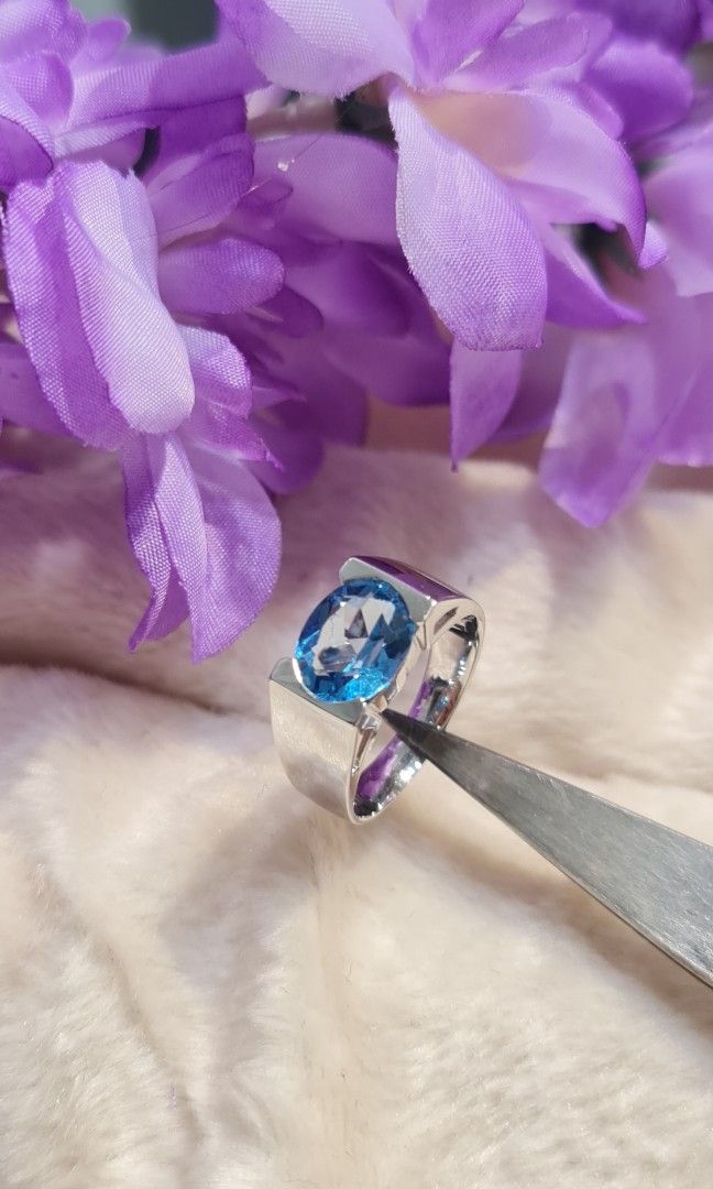 Natural Blue Topaz gem ring in 18k 750 white gold Women s Fashion