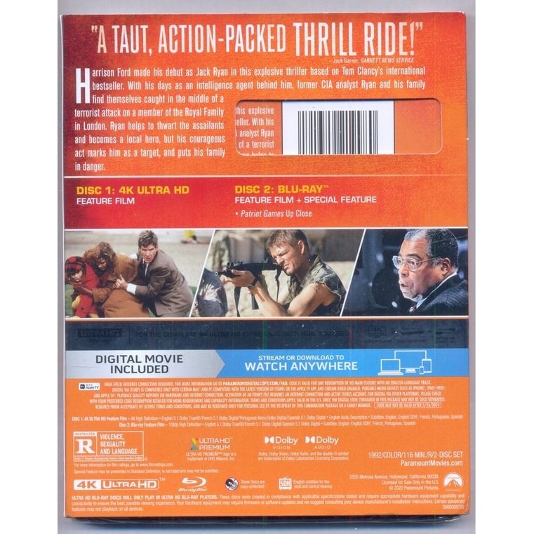 Patriot Games 4K [ BluRay ], Hobbies & Toys, Music & Media, CDs & DVDs