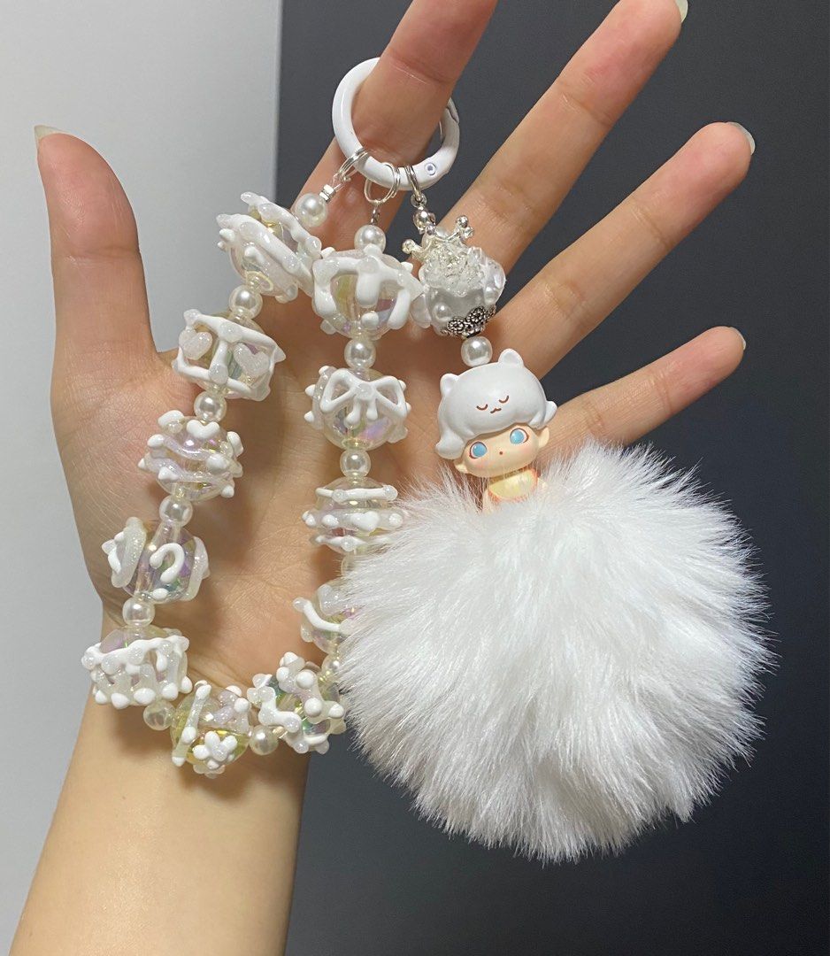 White pom pom keychain outlet