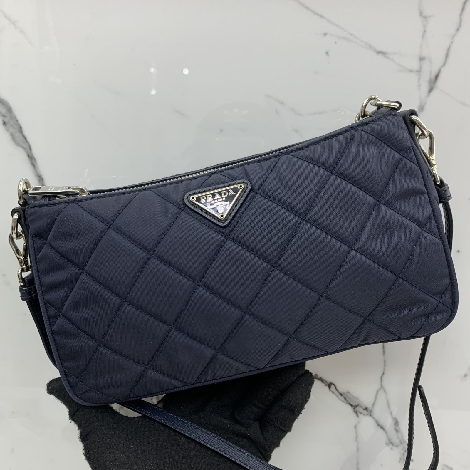 PRADA 1BH026 NAVY NYLON CHAIN 2WAY SHOULDER BAG 237046085 WE