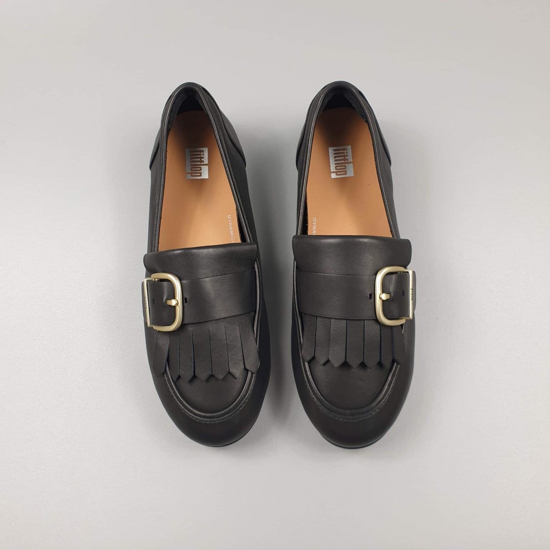 Office fisher chunky black leather fringed buckle discount loafers
