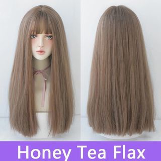 Seven Queen Daily Wig Long Straight Hair Natural Bangs Honey Tea Flax Full Hair Long Wig