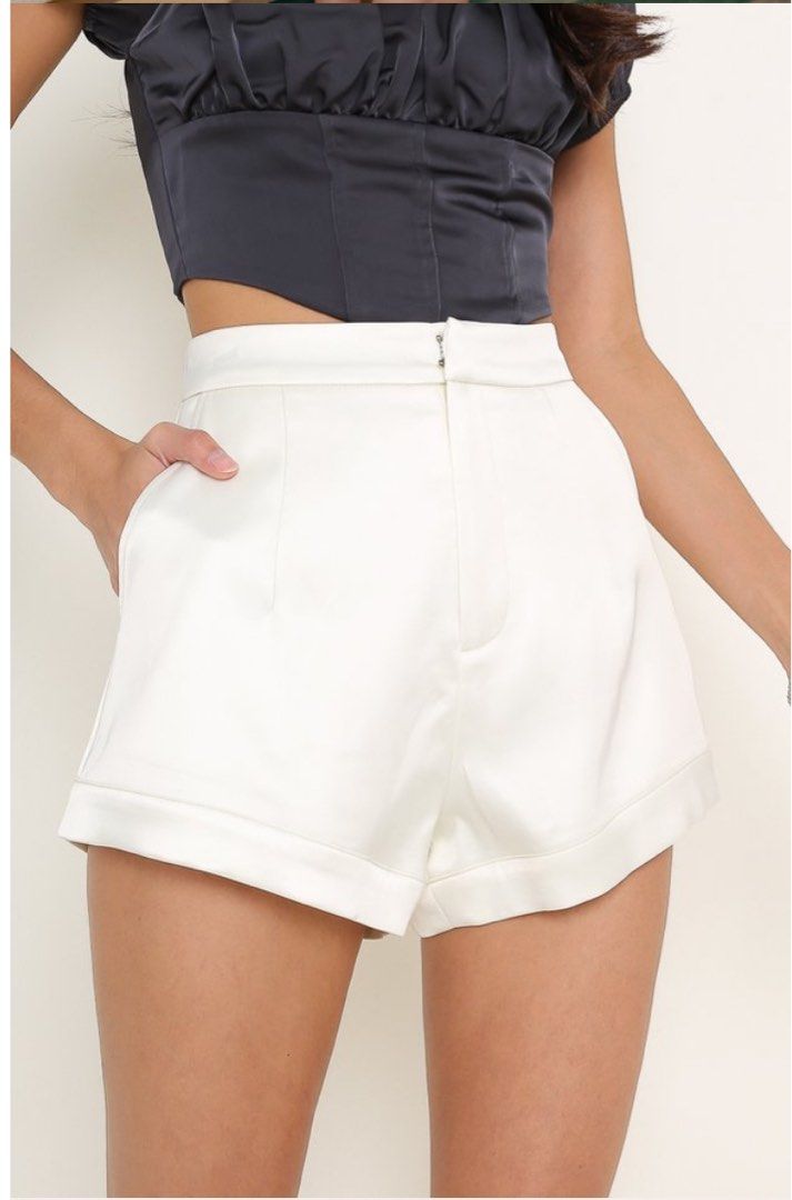 White satin shorts hotsell