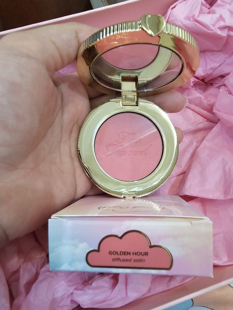 Too Faced Cloud Crush Blush in Golden Hour (Category: Makeup) located in Muntinlupa City. Submitted by annaktrna (Listing ID 1279052247, Image 2). Description: Super cute packaging!!!! Bought from Too Faced US website Brand new and unused Too Faced gift box is also included (third photo) RFS: Impulse buy cos I found it cute lol and I need to declutter my blush collection.
