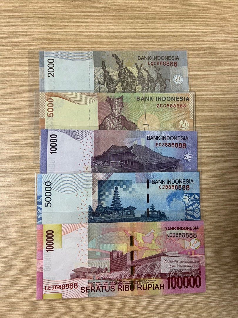 印尼UNC舊版2000，5000，10000，50000，100000盾888888, 名牌, 飾物及配件- Carousell