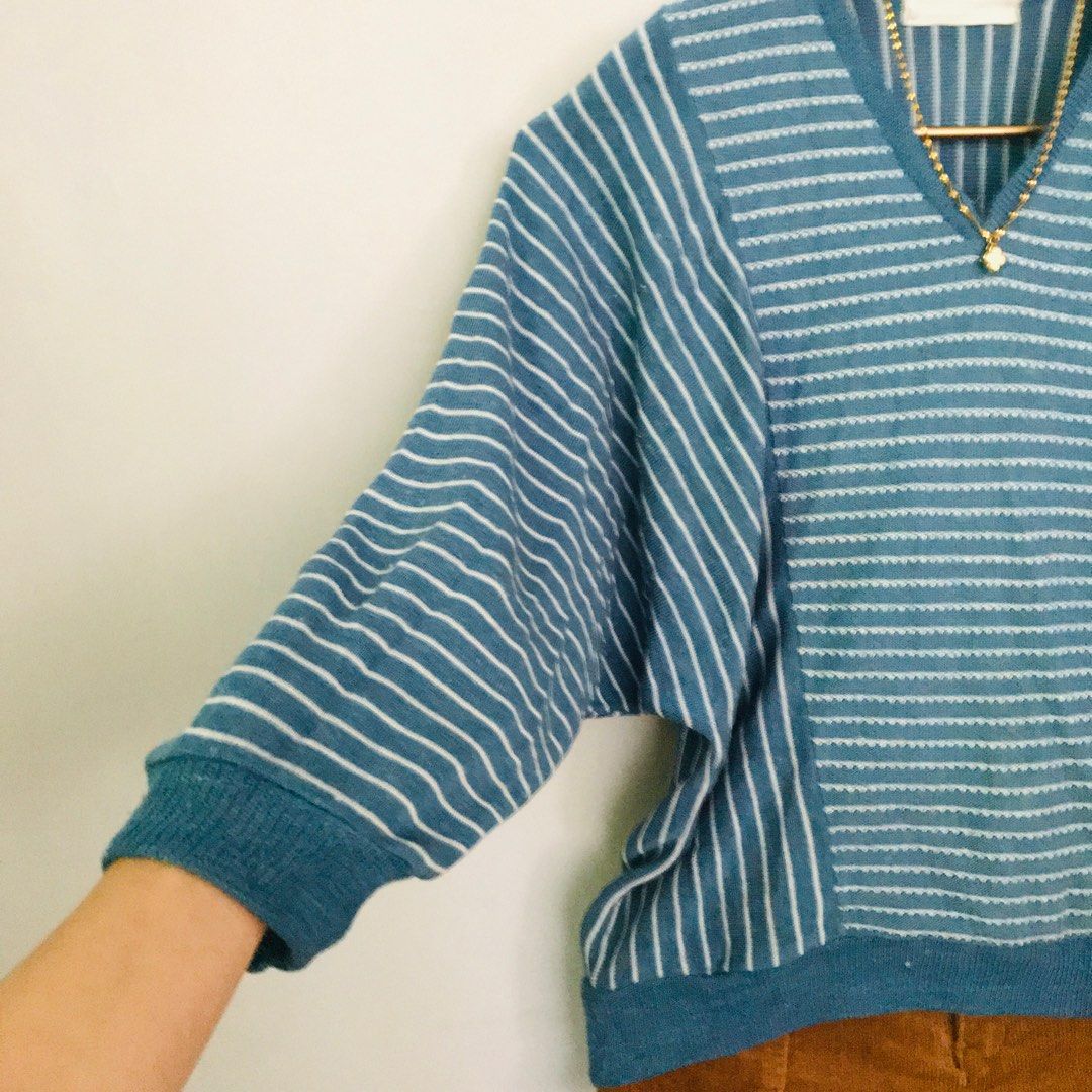 Striped Knit Long Sleeve Top - V-Neck Figure-Skimming main image 0