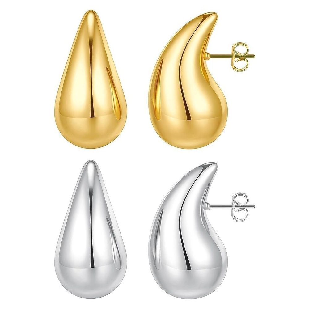 2 Pair Teardrop Earrings Dupes for Women Gold Silver Chunky Hoop