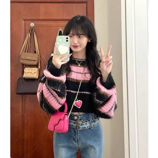 法式慵懒破坏风毛衣女春秋小个子长袖条纹针织衫甜辣短款上衣春秋64228235610242110