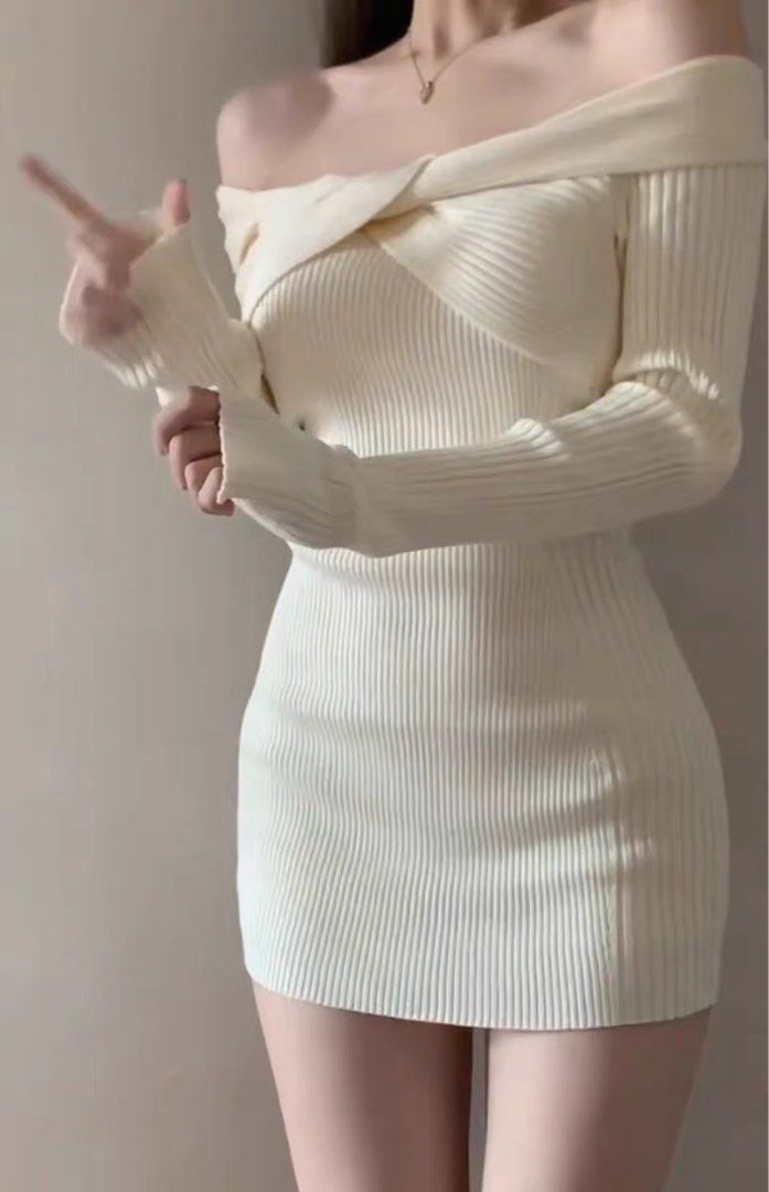 White ribbed off hotsell the shoulder dress